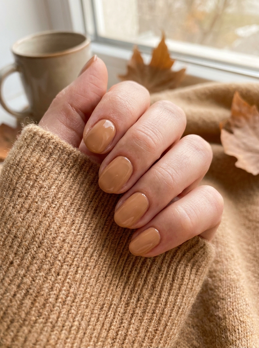 Caramel Nude Nails auf kurzen gepflegten Nägeln im Herbst 2026